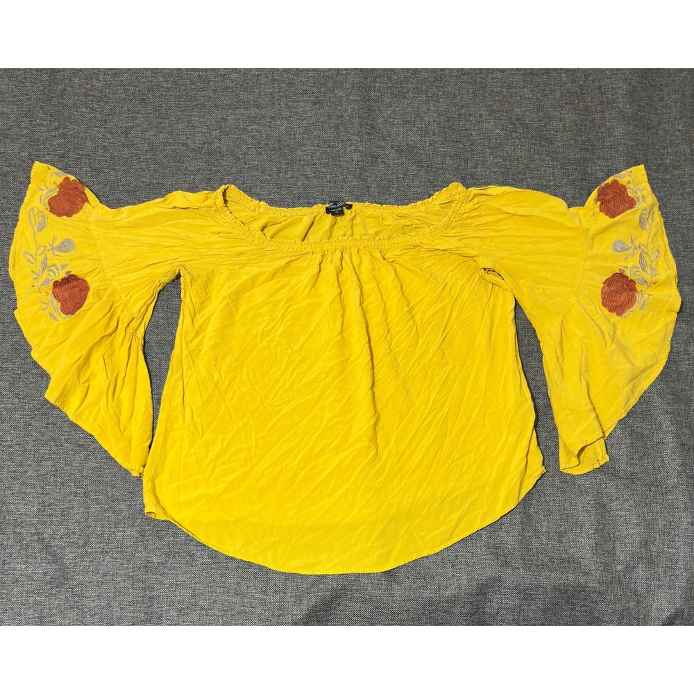 Miss Lili Women's 2X Blouse Yellow Off Shoulder Floral Embroidered Bell Sleeve